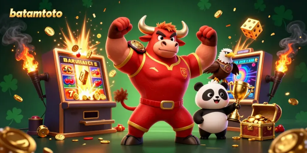 Experience excitement at batamtoto with a dynamic scene of casino characters celebrating a jackpot win.