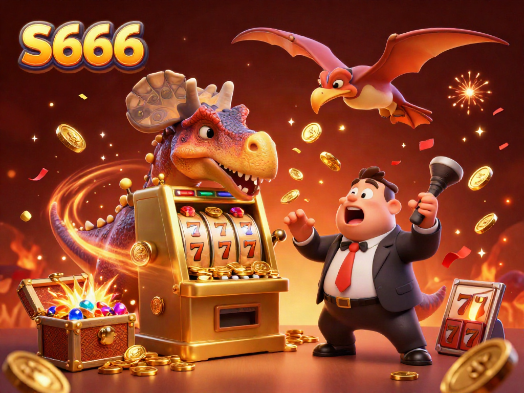 S666 pays out jackpot coins as a 3D dinosaur interacts with a golden slot machine, creating an exciting casino atmosphere.