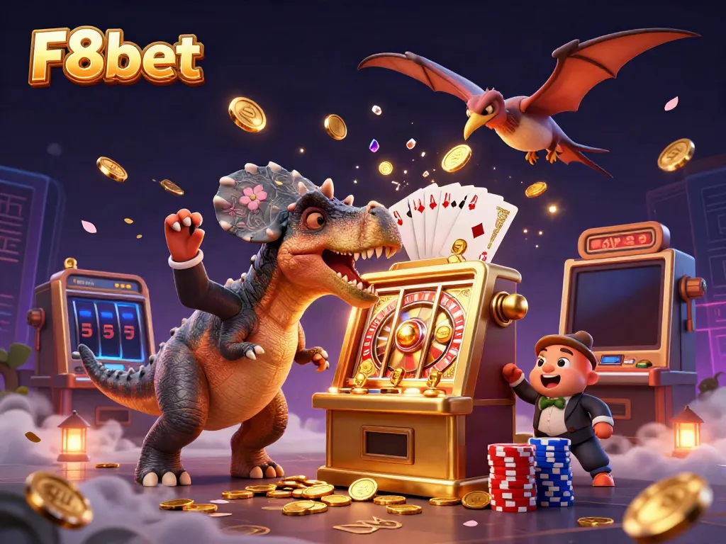 Engage with F8bet as a cartoon dinosaur and friends celebrate big wins at a lively online casino.