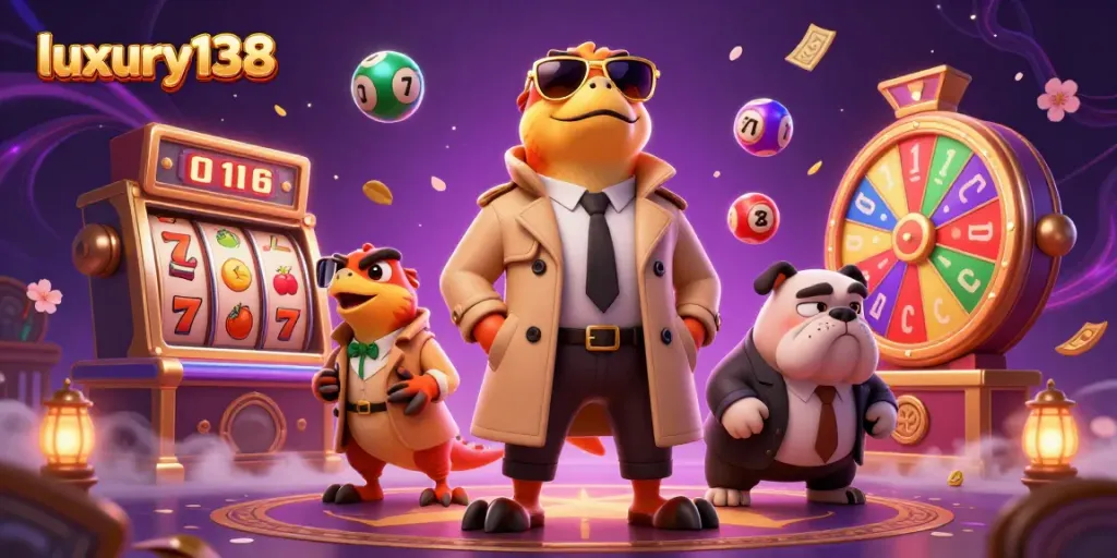 luxury138 offers vibrant gaming experiences featuring animated raptors in a trench coat entering a casino