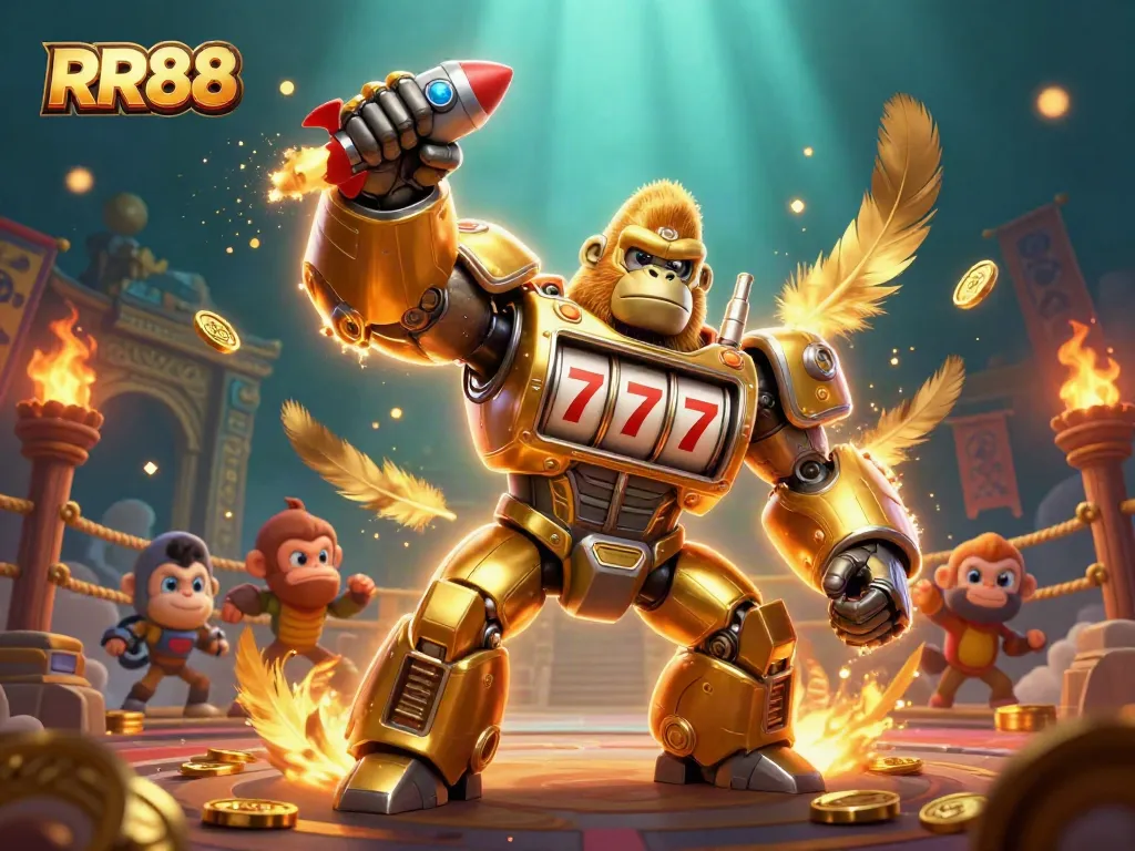 Experience dynamic gaming thrills with RR88, featuring a golden gorilla mech alongside vibrant casino elements.