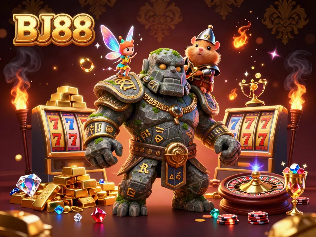 Experience the excitement of BJ88 casino gaming with vibrant slots, treasures, and whimsical characters.