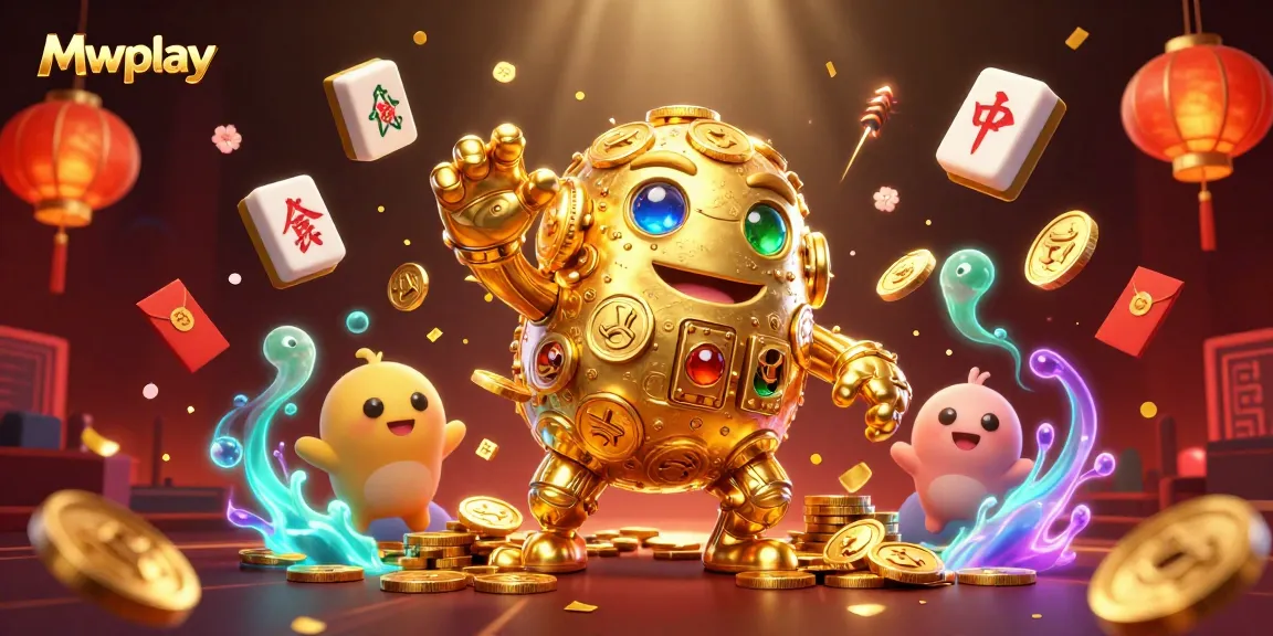 Experience exciting gaming with Mwplay's vibrant casino illustration featuring a golden golem and dynamic symbols.
