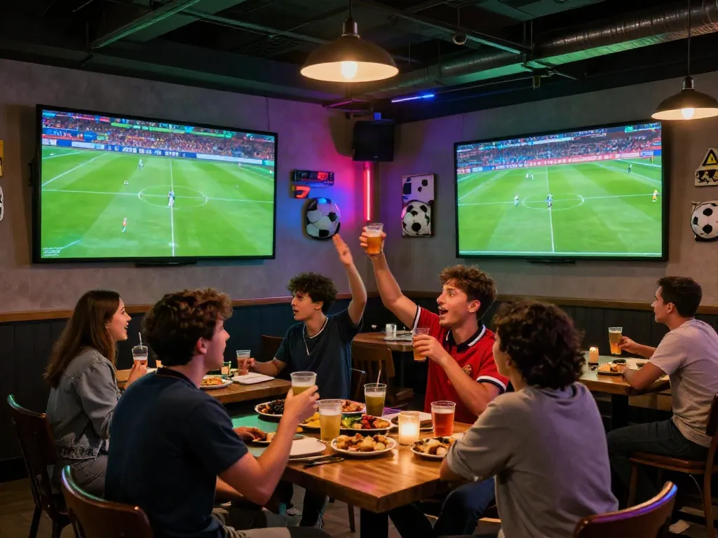 Excited fans enjoying a football match at Gavangtv in a vibrant sports bar setting.