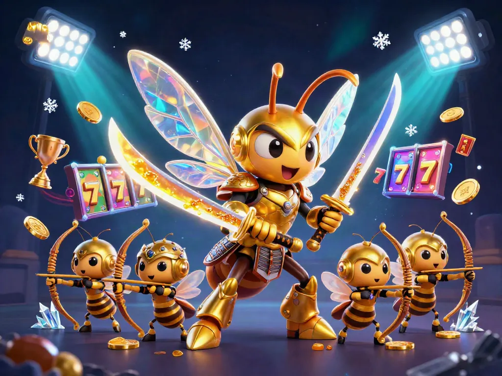 Engaging NOHU casino scene featuring a golden hornet and bee archers amidst slot reels and dynamic gaming elements.
