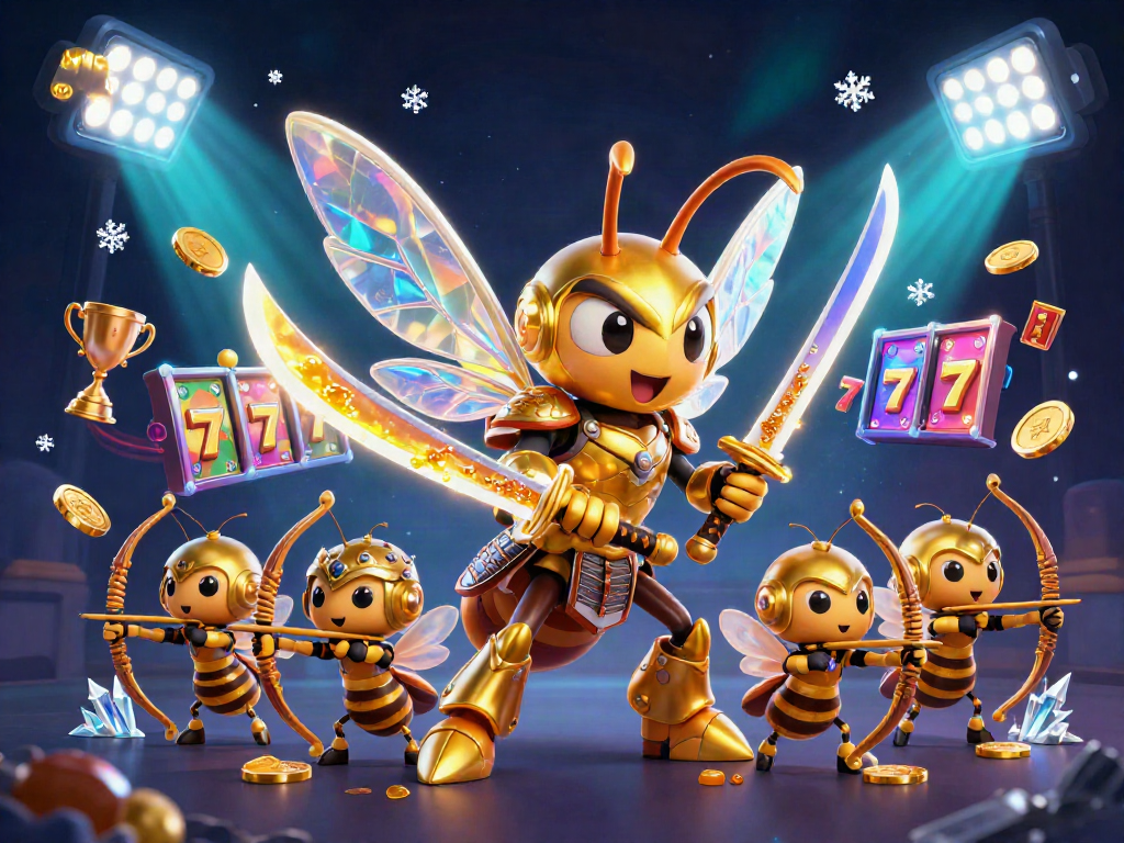 Engaging NOHU casino scene featuring a golden hornet and bee archers amidst slot reels and dynamic gaming elements.
