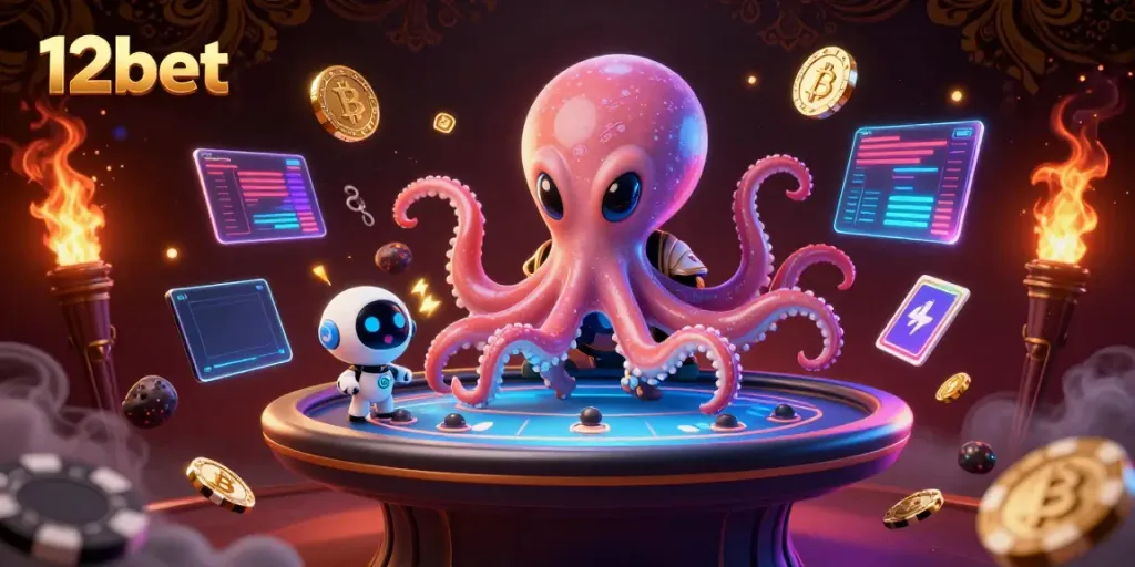 Join the excitement of 12bet with a 3D alien octopus and crypto elements at a futuristic poker table.