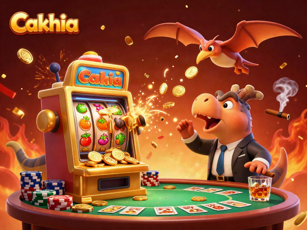 Cakhia features a pachycephalosaurus interacting with a slot machine, amidst vibrant casino elements, showcasing the joy of gaming.