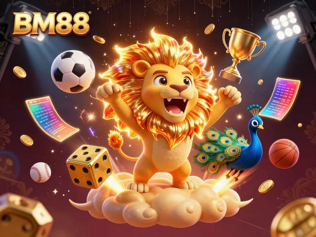 Experience thrilling gameplay with BM88 in a vibrant 3D casino scene filled with excitement.