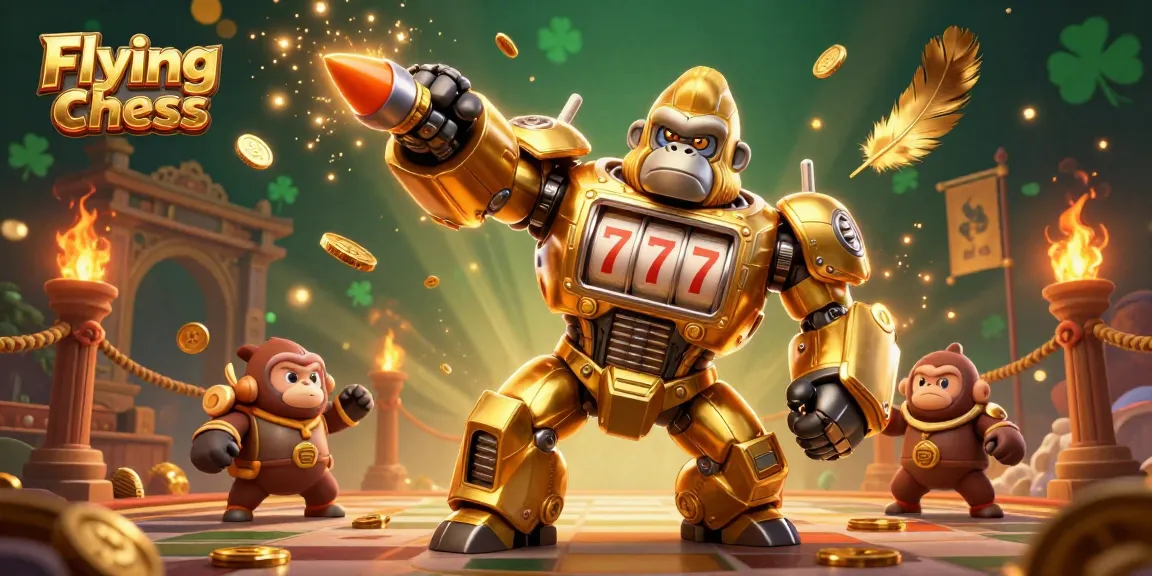Engage in Flying chess gameplay with golden gorilla mech and explosive coins in a vibrant casino setting.