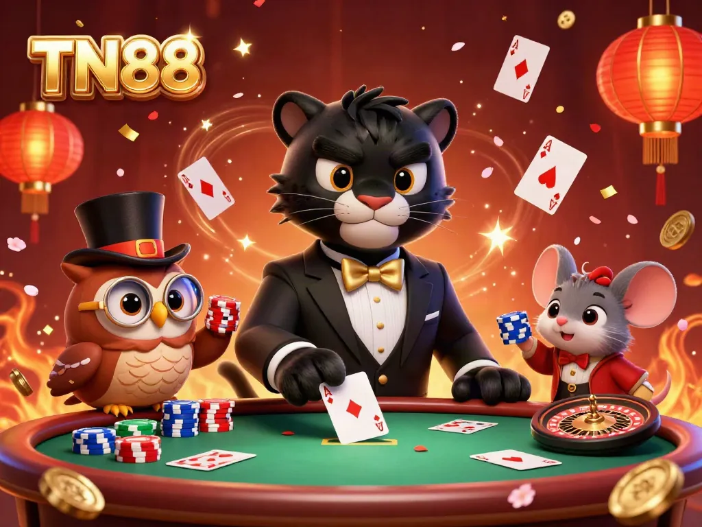 Experience thrilling poker with TN88 as the stylish panther deals cards amidst festive decorations.