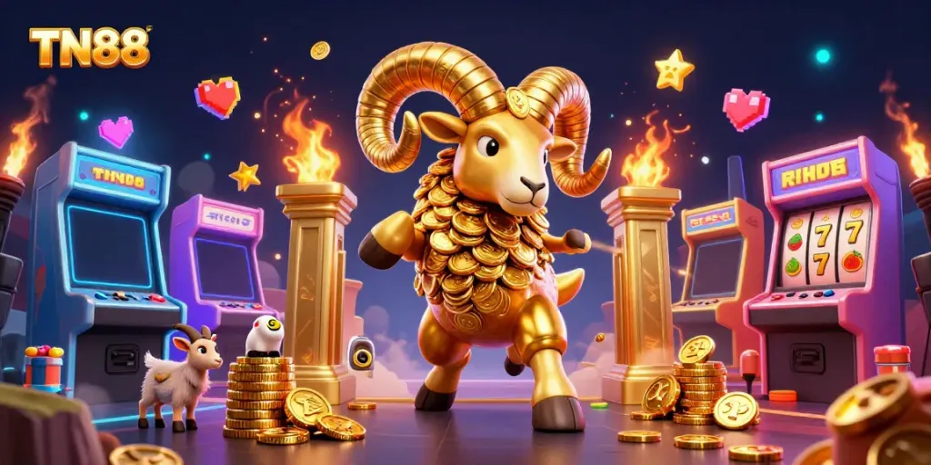 Experience the excitement of TN88 casino-style gaming with a golden ram charging through a vibrant slot machine scene.