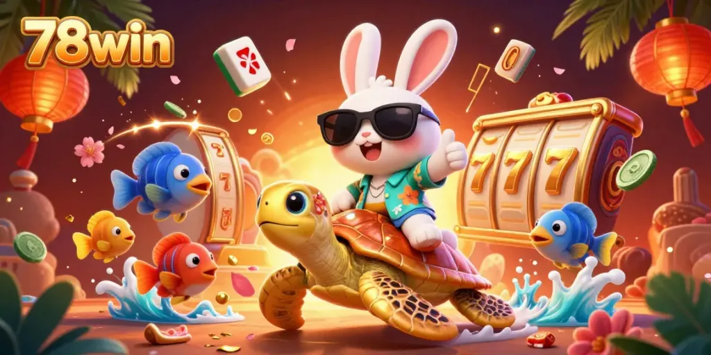 Play exciting slots with 78win's captivating scene showcasing a lucky rabbit and golden turtle.