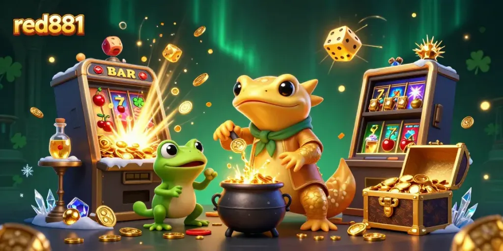 Experience the vibrant world of red881 with golden alchemy and slot machines amidst a magical casino setting.