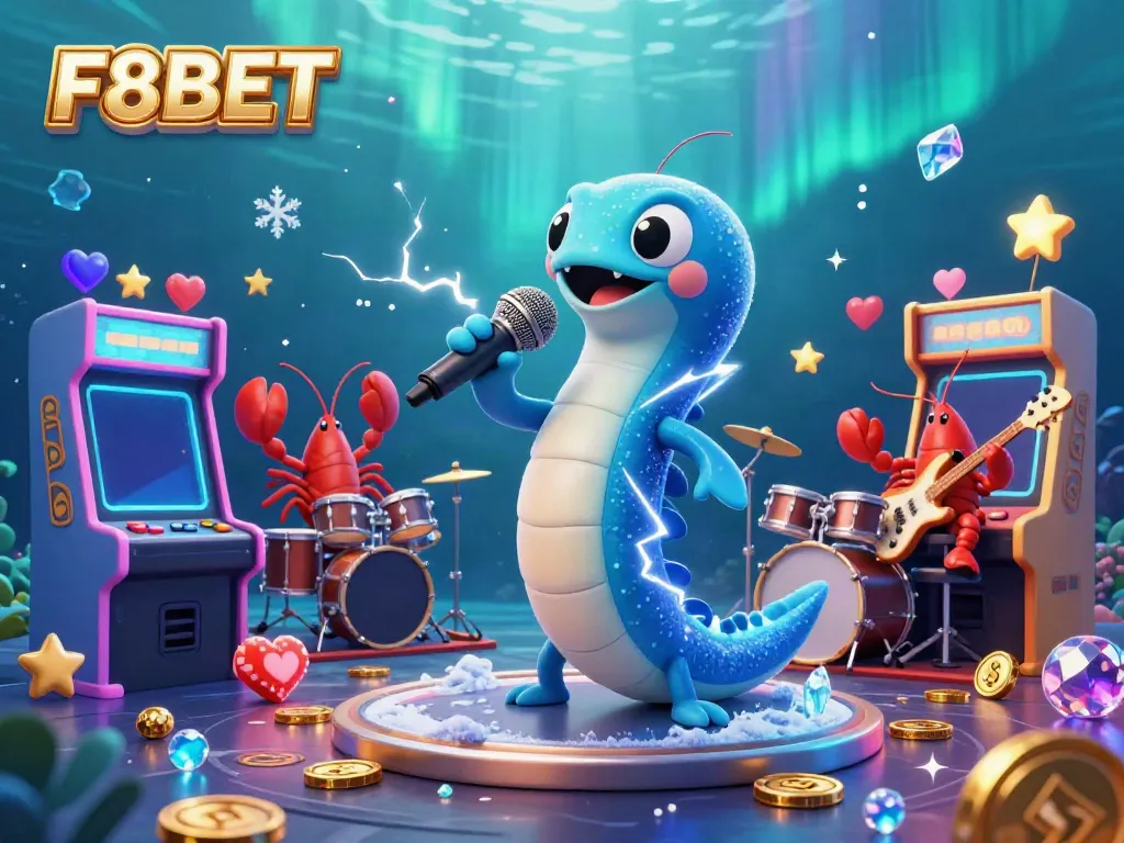 F8BET fun gaming experience featuring an electric eel DJ and vibrant underwater casino scene.