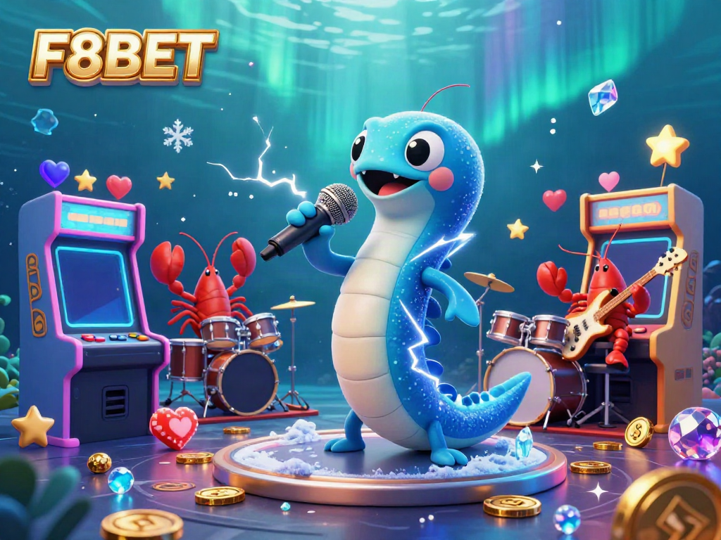 F8BET fun gaming experience featuring an electric eel DJ and vibrant underwater casino scene.