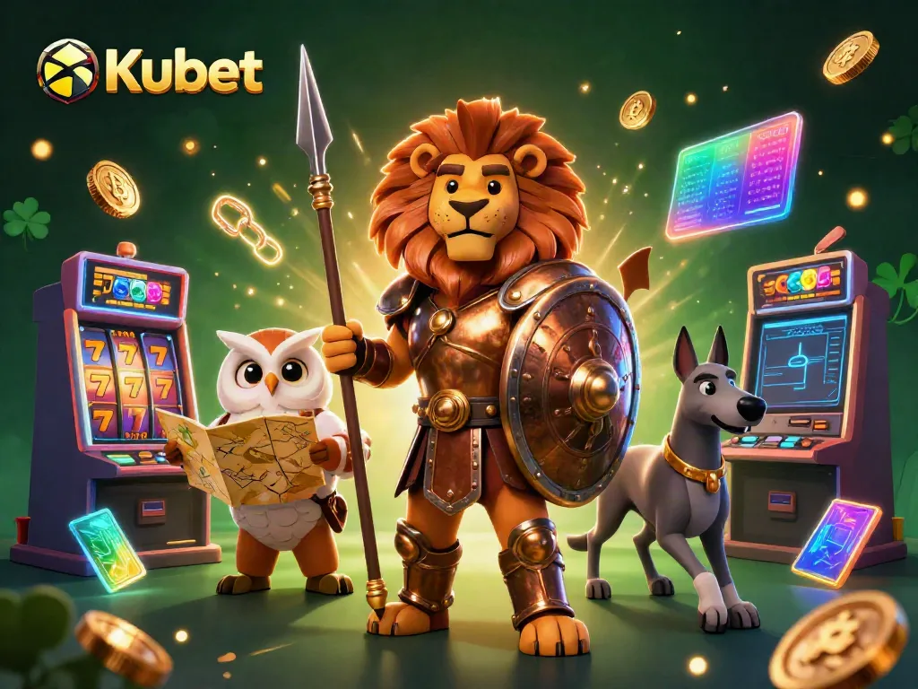 Experience thrilling luck at Kubet's online casino, featuring a heroic Spartan lion and vibrant slot machines.