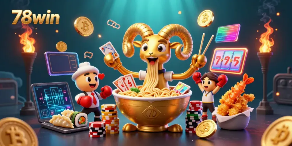 Experience thrilling gaming with the vibrant 78win characters amidst dynamic casino elements and glowing crypto coins.