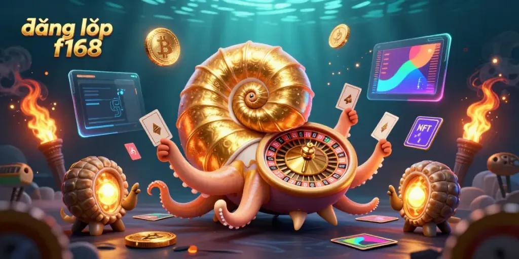 Engage with the vibrant scene of đăng nhập f168 featuring a giant nautilus roulette and glowing crypto elements.