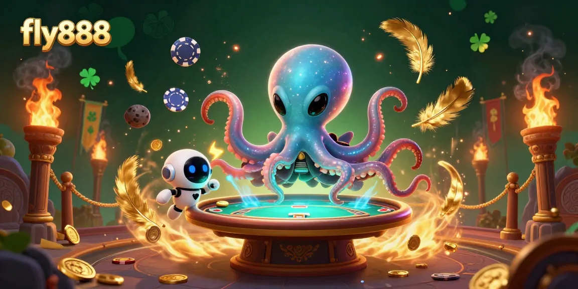 Fly888's vibrant casino illustration features an alien octopus at a poker table amidst swirling golden effects.