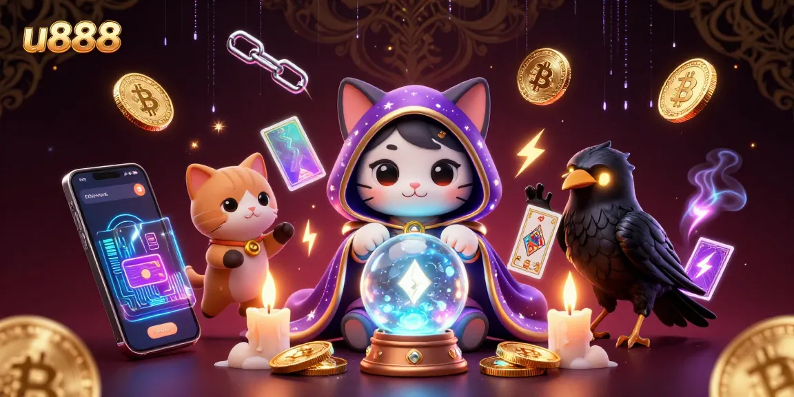 Unveil your fortunes with u888's magical gambling experience featuring a mystic cat and glowing currency elements.