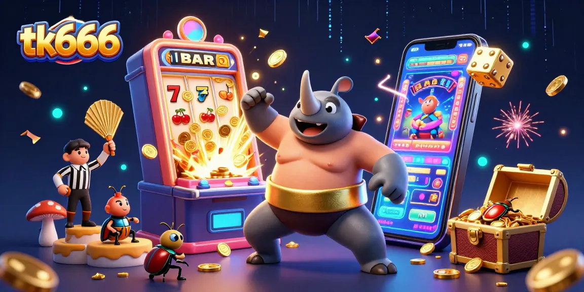 Experience thrilling slots and jackpot wins with tk666 in a vibrant casino-themed illustration.