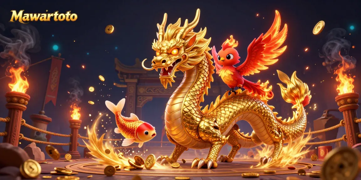 Mawartoto engages players with an enchanting 3D scene featuring a dragon, phoenix, and koi fish in a dynamic casino atmosphere.