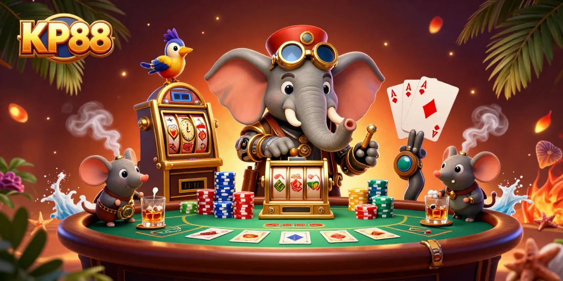 Engage with KP88 as the cartoon elephant engineer operates a golden slot machine amidst vibrant casino elements.