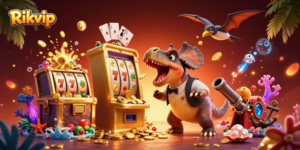 Experience the excitement of Rikvip with a pachycephalosaurus winning jackpots, as a panicked manager and pteranodon celebrate.