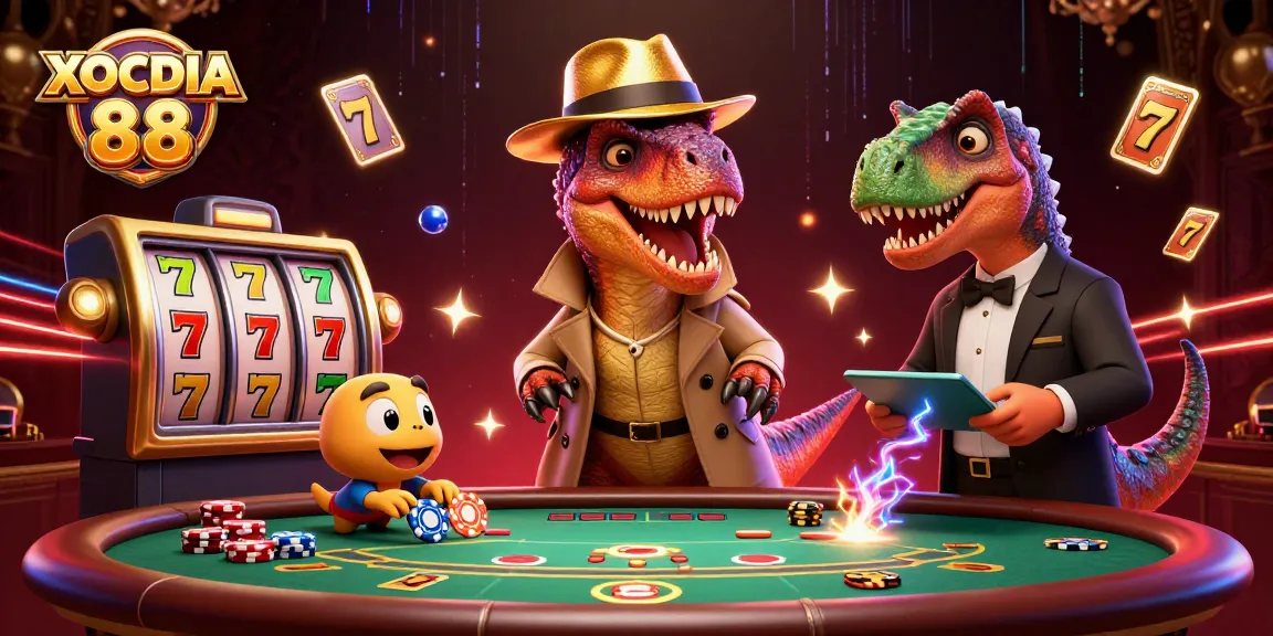 Experience thrilling gameplay with XOCDIA 88 as the velociraptor card counter sneaks chips at a vibrant casino scene.