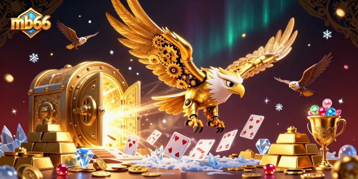 Experience thrilling wins with mb66 gaming, featuring a dynamic 3D golden eagle amidst dazzling casino riches.