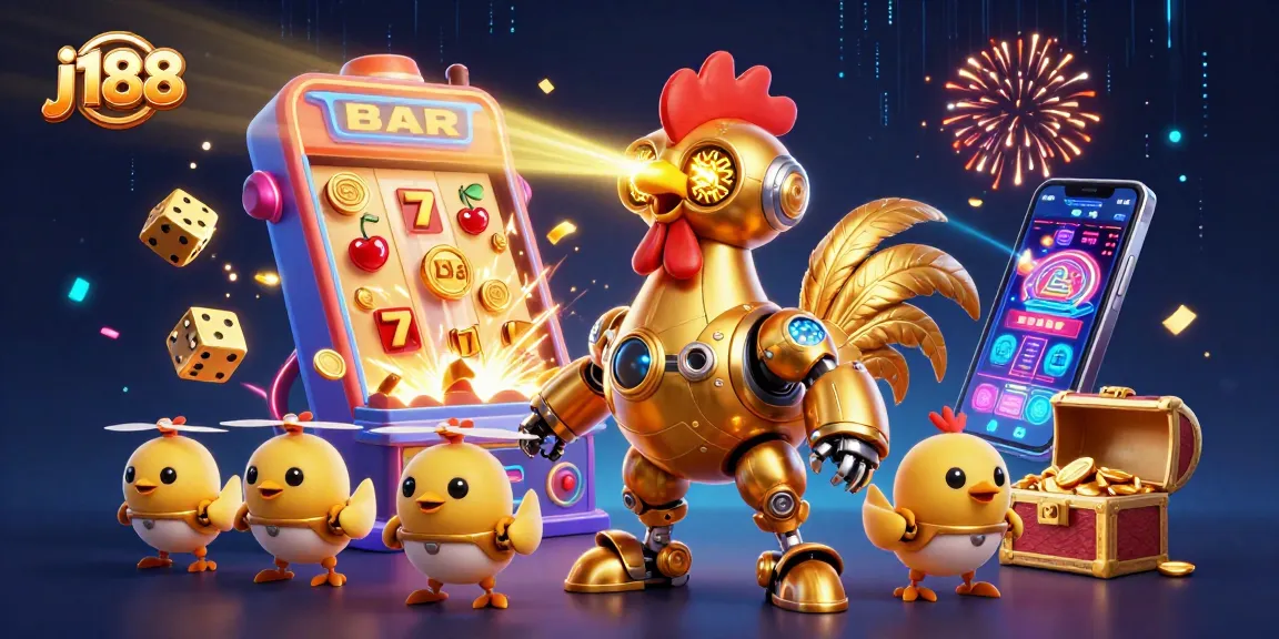 Play exciting games at j188 with a dazzling golden rooster, slot jackpots, and vibrant casino visuals.