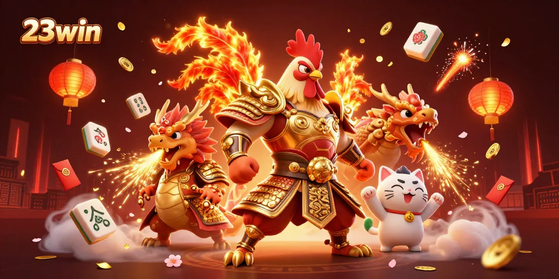 Join the excitement with 23win's vibrant casino universe featuring a powerful rooster warrior and friends.