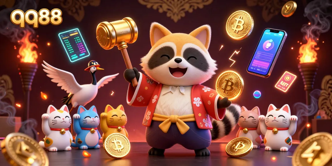 Experience thrilling games on qq88 with a vibrant scene featuring a cheerful tanuki surrounded by crypto elements.