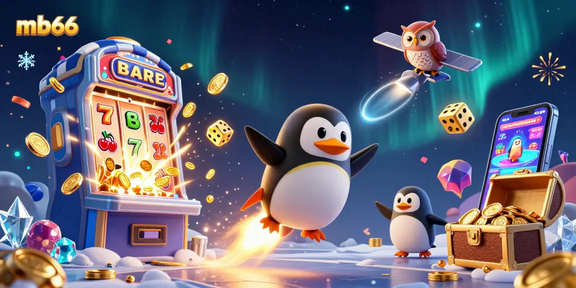 Experience the thrilling adventure with mb66 as the golden penguin blasts off through a vibrant casino space.