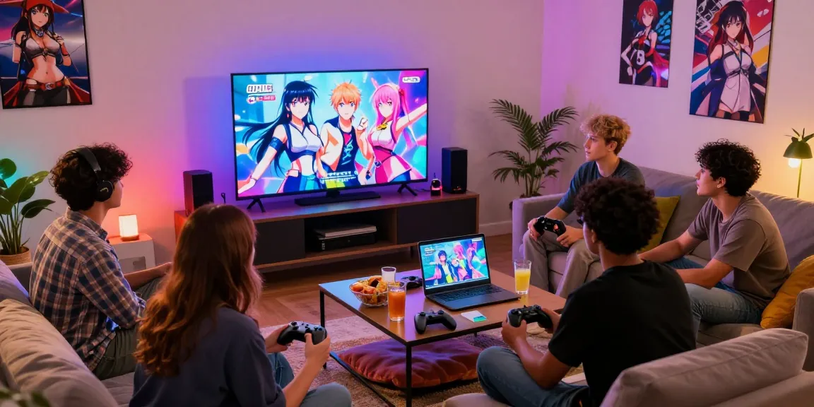 Exciting group of friends enjoying hentai games in a cozy living room setting with colorful decor.
