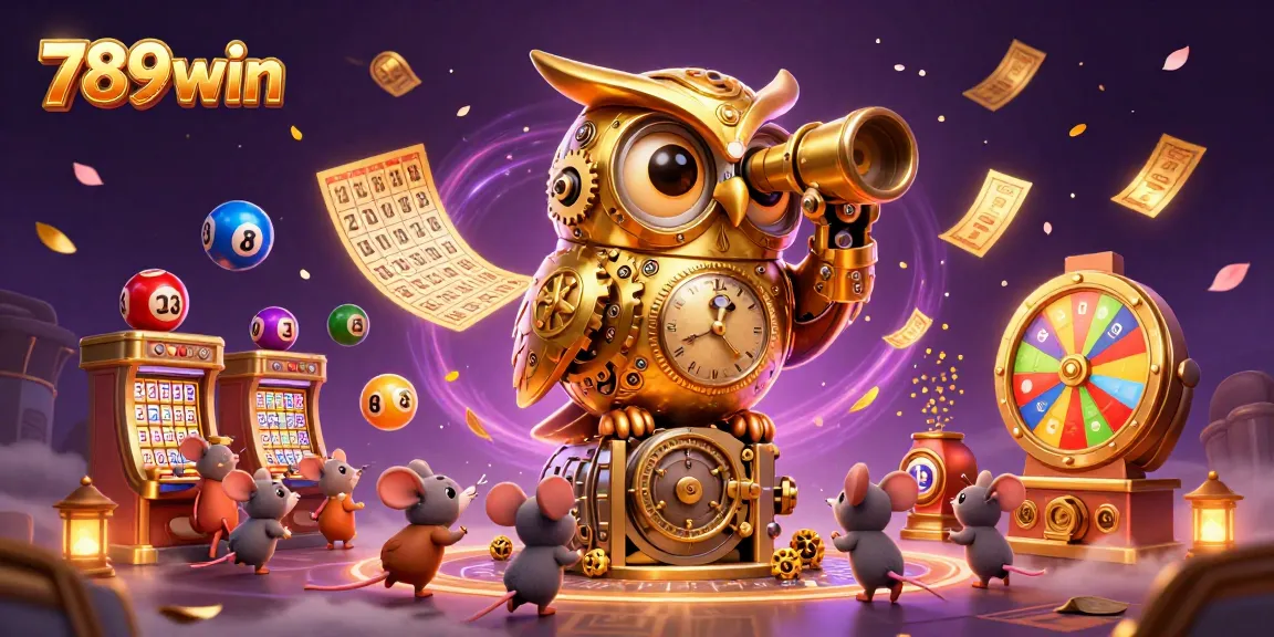Immerse in the vibrant atmosphere of 789win's captivating casino scene with golden owl, colorful elements.