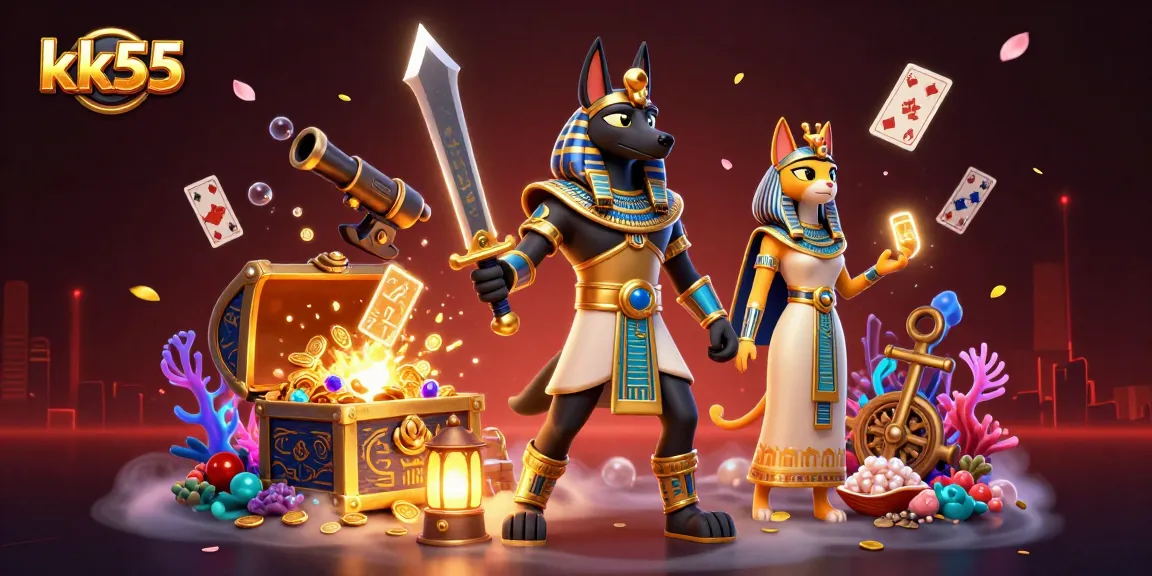 Experience thrilling gameplay at kk55 with colorful gems, floating cards, and ancient warriors.