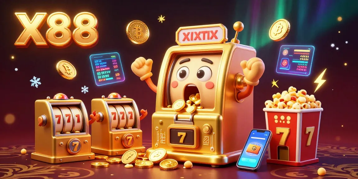 X88 slot machine wins jackpot with coins spilling out, surrounded by cheering baby machines in a vibrant casino scene.