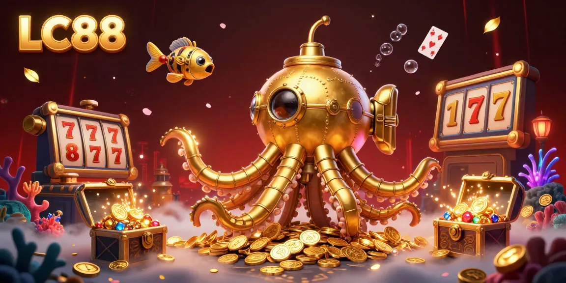 LC88 presents a vibrant underwater casino scene with a golden kraken submarine and dynamic gaming elements.