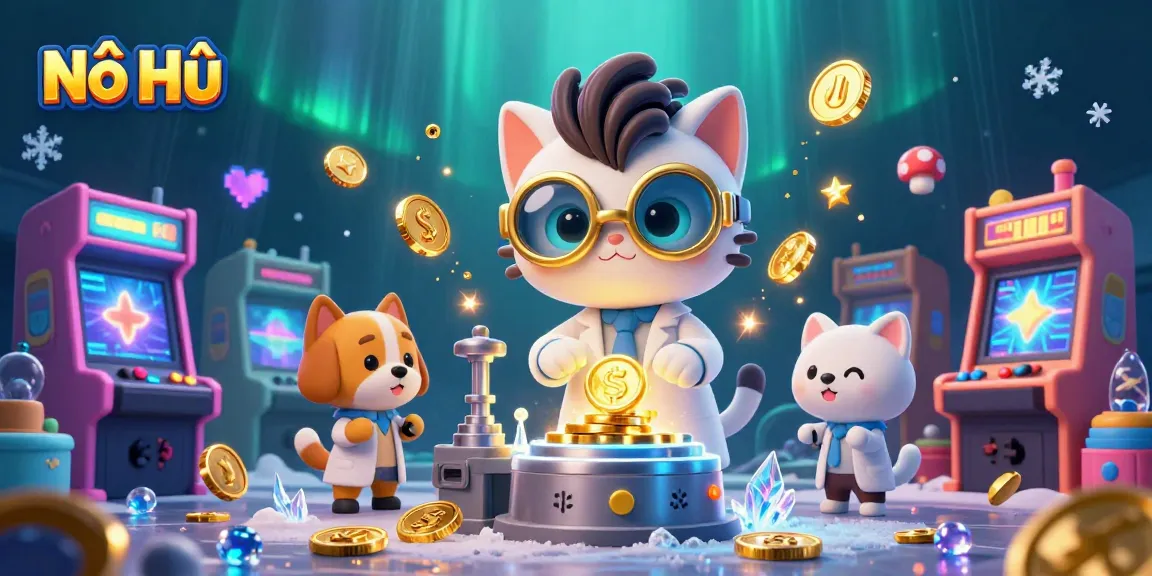 Nổ Hũ slots adventure with a mad scientist cat and dog, showcasing vibrant gaming joy.