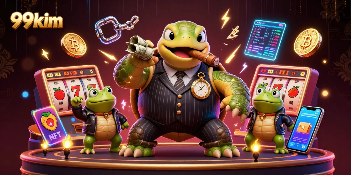 Experience the thrill of 99kim as a snapping turtle in a suit dominates the casino scene, surrounded by slot machines.