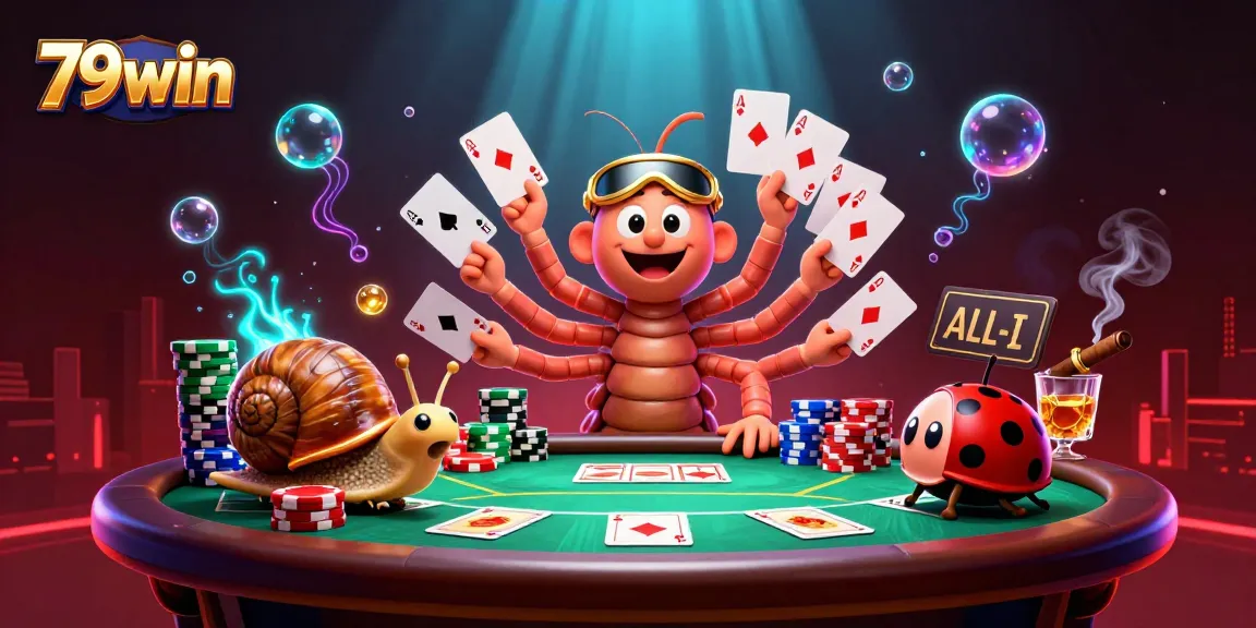 Engage in a dynamic casino scene with 79win, featuring a millipede dealer and vibrant poker elements.