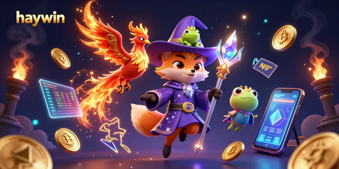 Win big with haywin in an energetic casino scene featuring a wizard, phoenix, and crypto coins.