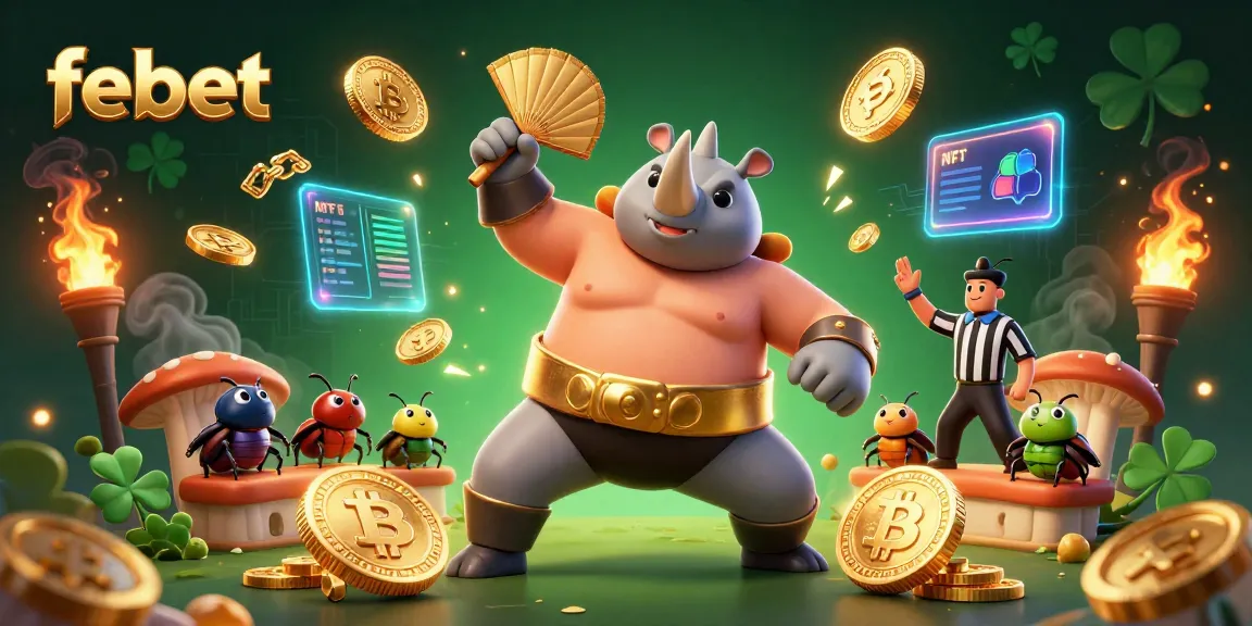 Engage in thrilling gameplay as febet offers vibrant action featuring a sumo beetle champion amid flying coins and crypto elements.
