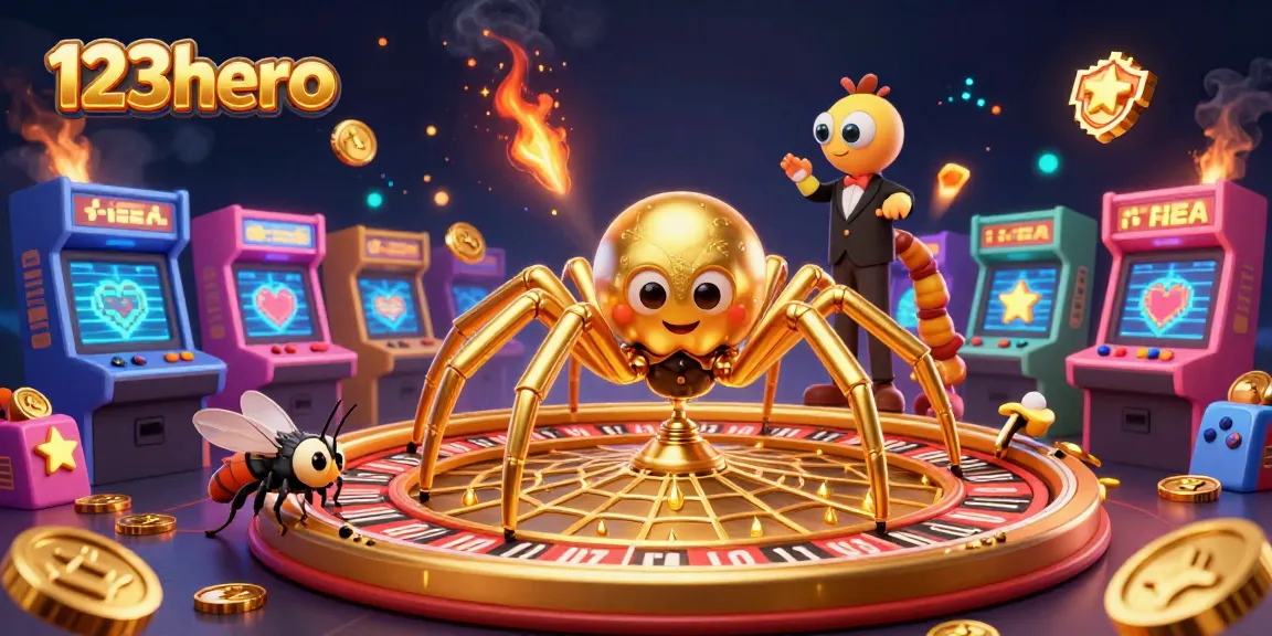 Experience the thrilling adventure of 123hero with a colorful casino scene featuring a golden spider and vibrant game machines.