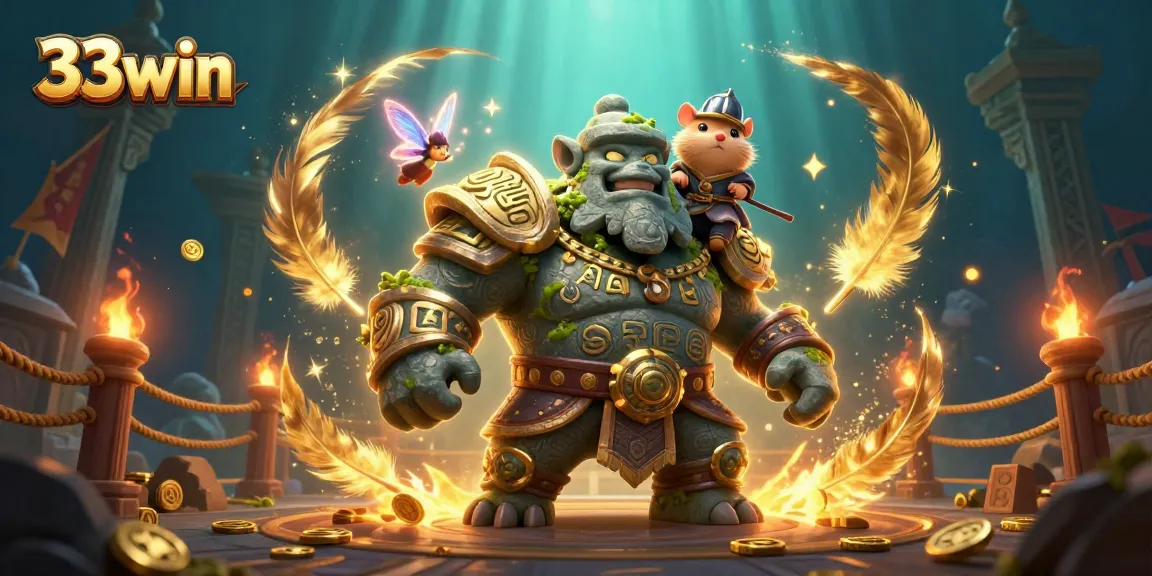 Experience thrilling gameplay at 33win with a brave hamster knight and magical companions in an epic casino scene.