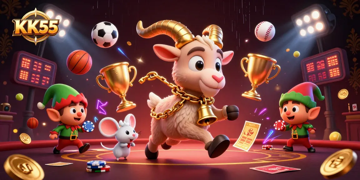 Engage with KK55's exhilarating holiday-themed casino experience showcasing animated characters and dynamic sports elements.