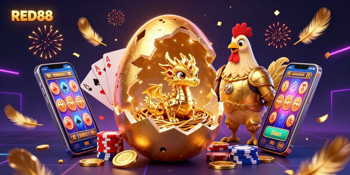 Experience the excitement of RED88 with a golden dragon amid poker chips, showcasing vibrant casino elements and rich illustrations.