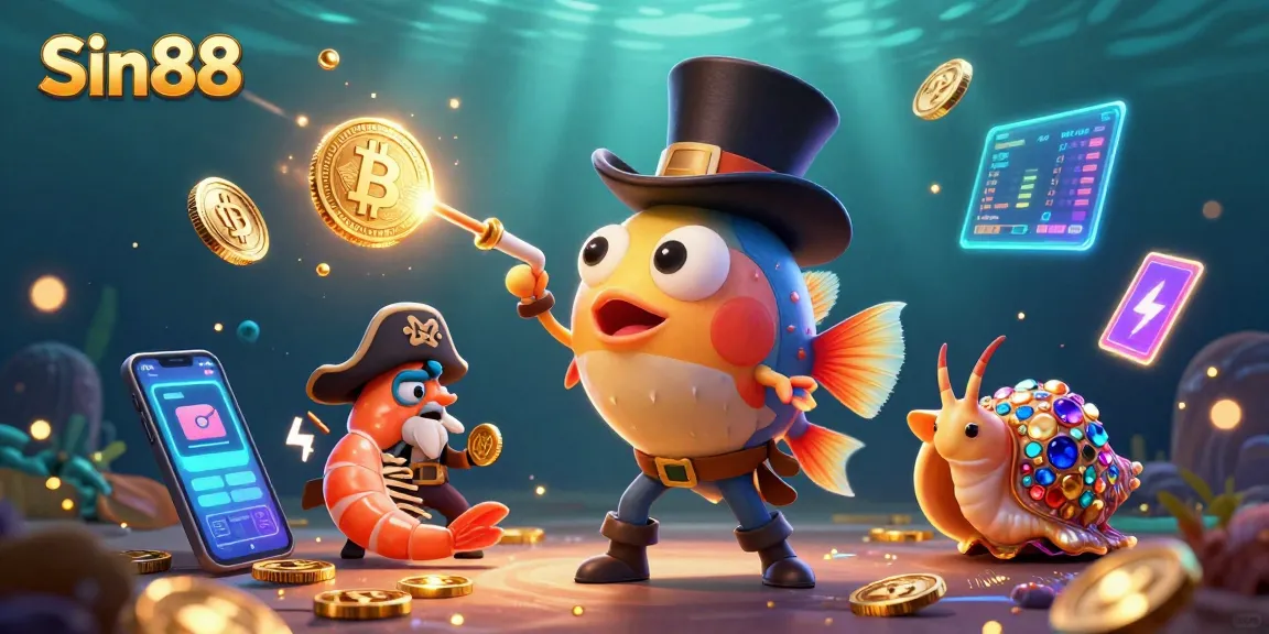 Sin88 showcases vibrant 3D illustration with anglerfish and pirate shrimp winning coins in a casino setting